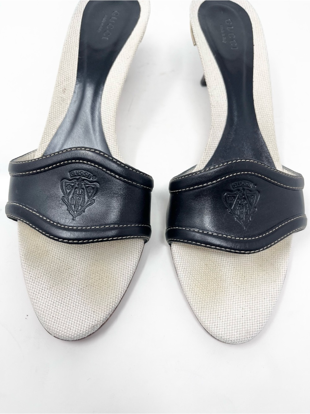 Vintage Gucci Hysteria Black Leather & White Canvas Slide Mule Sandals size 9 - Picture 3 of 8